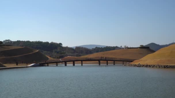 顺天湾国家公园 游客们在南韩顺天湖畔的梦想桥上漫步 — 图库视频影像