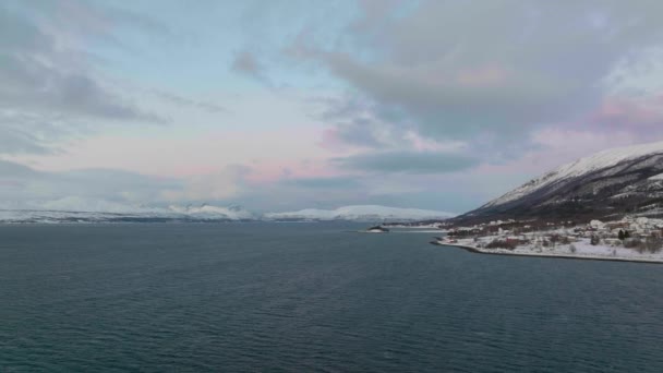 Scenic Snow Covered Landscape Arctic Norway Polar Night Sky Drone — Stock Video