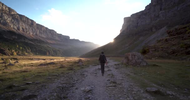 オルデサ バレー国立公園 ピレネー山脈 ヘスカ スペインの太陽に向かって歩く若い男性ハイカーのバックビュー 日没時の紅葉 — ストック動画