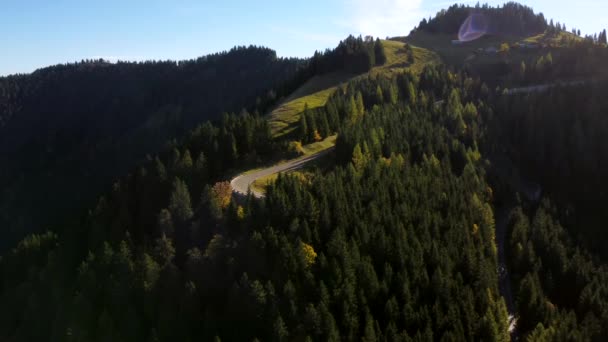 穏やかな朝の間にバイエルンアルプスに飛びます 森に光が当たる 山にはカーブした道が続いている — ストック動画