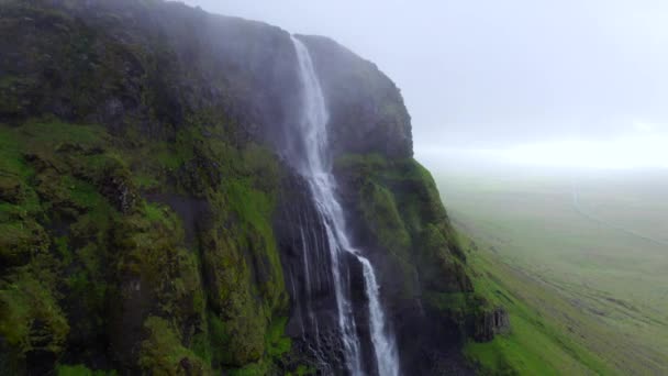 Mossy Cliff Şelale Şelalesi Şelaleli Sisli Manzara Hava Aracı Atışı — Stok video