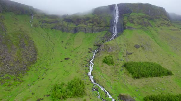 Wodospad Wpadający Wąskiego Strumienia Górskiego Zieloną Trawą Podejście Lotnicze — Wideo stockowe