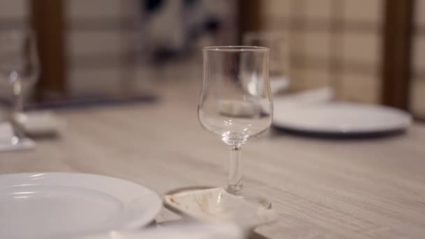 磁器プレートとクリスタルカップ付きの宴会用食器セットのマクロビュー — ストック動画