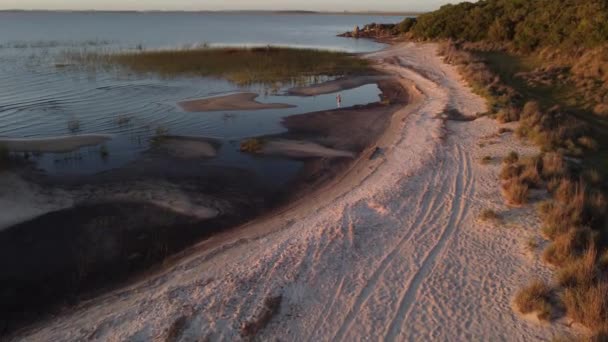 Fotógrafo Orilla Del Lago Atardecer Laguna Negra Uruguay Enfoque Aéreo — Vídeos de Stock