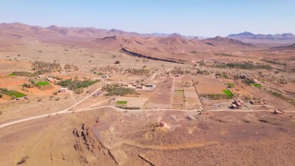 Überflugstraße Und Wüstenfelder Marokko Mit Wachsenden Grünen Feldern Schöne Rote — Stockvideo