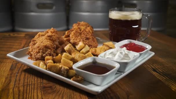 Fried Chicken Tenders Home Fries Trio Dipping Sauces Paired Dark — Stock Video