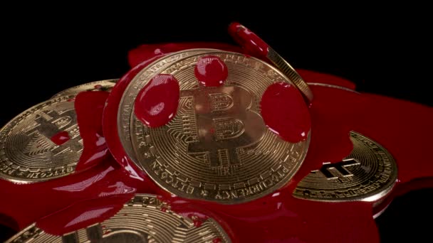 Peinture Rouge Tombant Sur Bitcoins Est Symbolique Jour Rouge Sang — Video