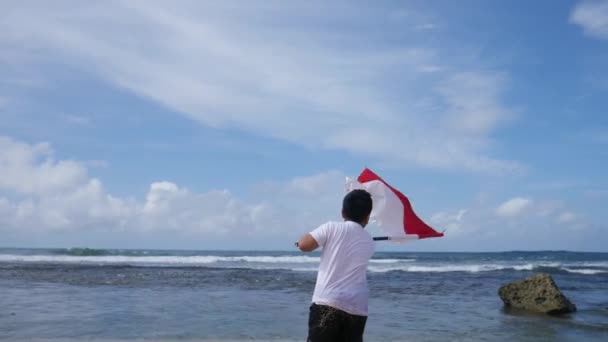 一个男孩在海滩上挥动印度尼西亚的红白国旗 — 图库视频影像