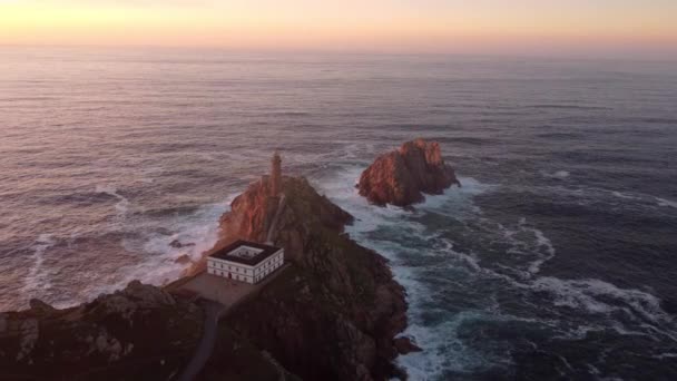 Vista Aérea Pôr Sol Região Galiza Norte Espanha Farol Cabo — Vídeo de Stock