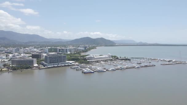 Aerial Panorama Boats Docked Marina Cairns City Waterfront Buildings Qld — Stock Video