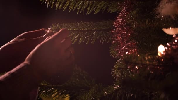 Mãos Mulher Pendurado Decoração Bola Ornamento Árvore Natal Close Handheld — Vídeo de Stock