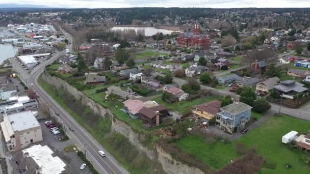 Cinematica Filmato Drone Aereo Port Townsend Uptown Kah Tai Lagoon — Video Stock