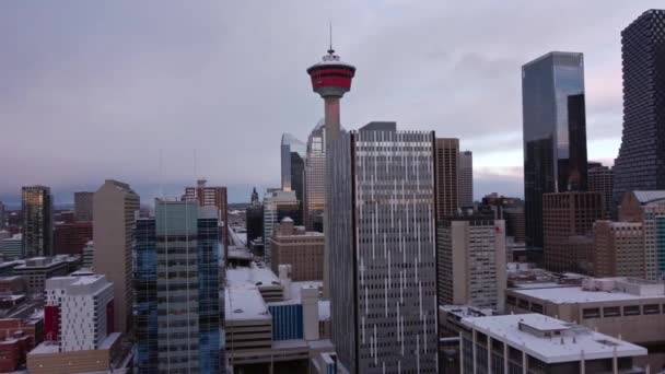 City Centrum Calgary Skyskrapor Utrymme Nål Vinter Snö Trucking — Stockvideo