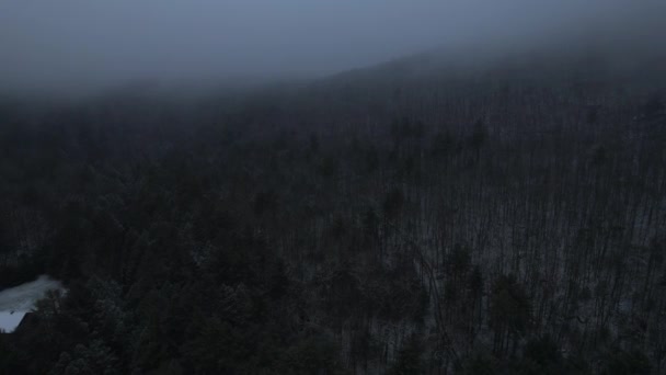 冬の間 アパラチア山脈の低い雲と美しい雪で霧の多い夜の空中ドローンビデオ映像 これはニューヨークのキャッツキル山脈のサブレンジです — ストック動画