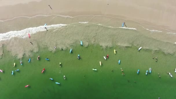 Серфингисты Разноцветные Доски Серфинга Пляже Гонконга Вид Воздуха — стоковое видео