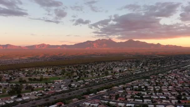 Green Valley Arizona Residential Neighborhood Aerial Panorama Sunset — Stock Video