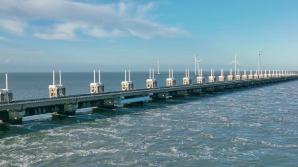 Aerial Slow Motion Shot Open Eastern Scheldt Storm Surge Barrier — Stock Video