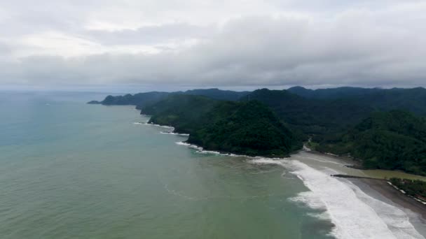 インドネシアのKebumen地区にあるSuwukビーチの緑豊かな崖の上の緑豊かな植生 空中パノラマビュー — ストック動画