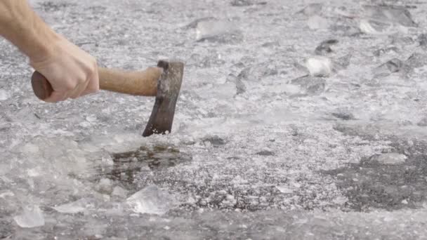 240Fps Slow Motion Axe Hitting Ice Lake Water Erupts Upwards — Stock Video