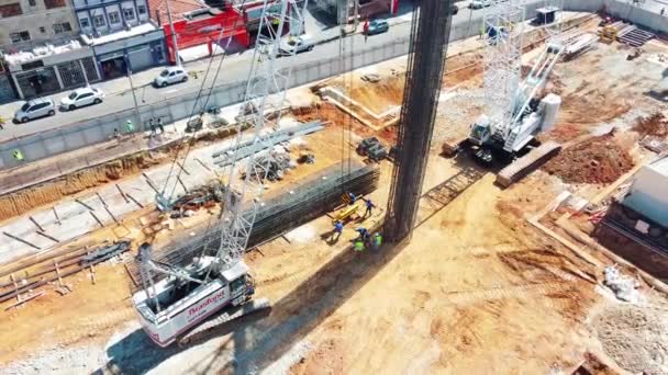 Diaphragm Wall Reinforcement Cage Being Lifted Concreting Subway Construction — Stock Video