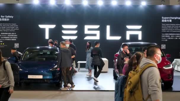 Bezoekers Zijn Zien Amerikaanse Elektrische Auto Tesla Motors Stand Tijdens — Stockvideo