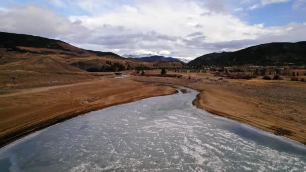 Drone Aerial View Flying Small River Stream Dry Yellow Riverbanks — Stock Video