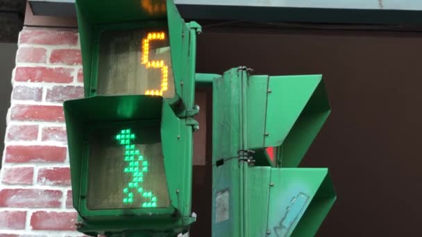 Beweging Van Stad Verkeerslichten Draait Groen Voor Voetgangers Lopen Met — Stockvideo