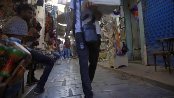 Scene Passerby Souvenir Shops Old Souks Medina Tunis Tunisia Slow — стоковое видео