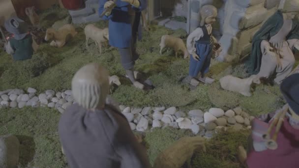 Herdarna Kommer Till Kristi Barn Stallet Julkrubba — Stockvideo