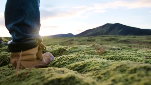 Utsikt Över Bergen Vulkanisk Mans Känga Står Mossig Yta Marknivå — Stockvideo