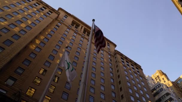 Pohled Nahoru Pohled Jednotnou Státní Vlajku Vlajku Newyorského Oddělení Parku — Stock video