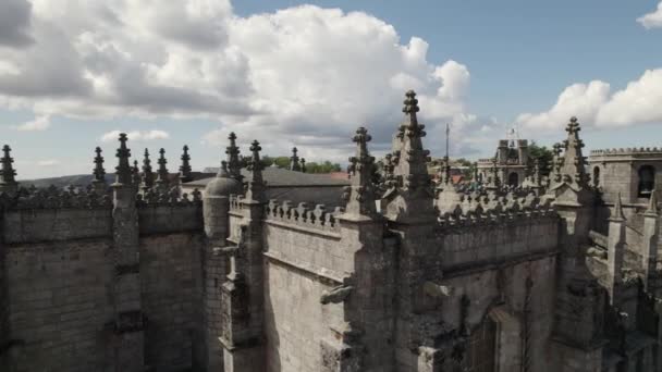 Orbita Aerea Sopra Tetto Dettagli Cattedrale Guarda Portogallo Historic Landmark — Video Stock