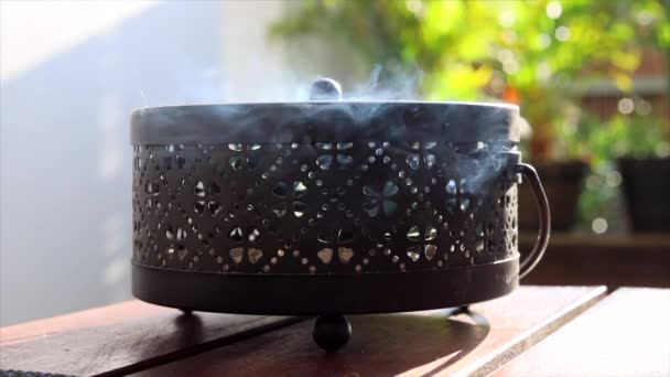 Square Shot Incense Smoke Rising Out Ornamental Burner Sunny Day — Stock Video