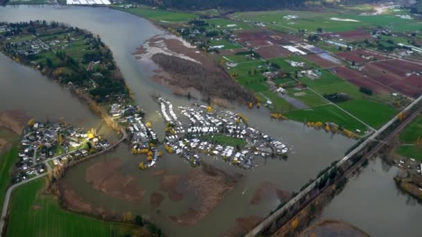 Entire Residential Landscape Submerged Catastrophic Flooding British Columbia Canada Aerial — Stock Video