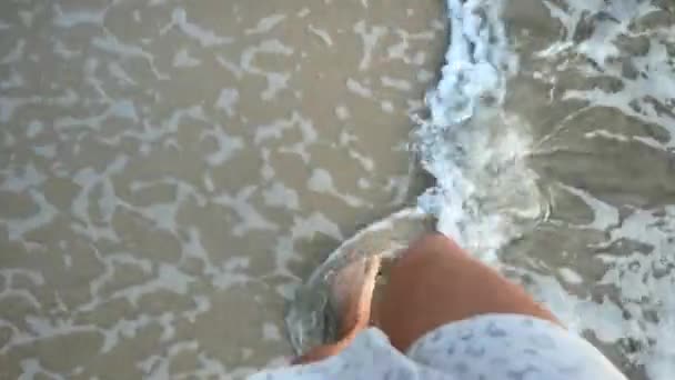 Punto Vista Una Dama Caminando Una Playa Con Mar Moviéndose — Vídeos de Stock