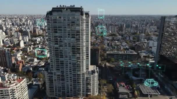 Zdjęcie Orbitalne Cyfrowej Grafiki Ruchu Otaczającej Fantazyjną Wieżę Miasto Buenos — Wideo stockowe