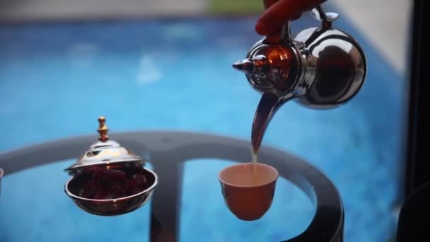 Arabic Teapot Serving Arab Tea Cup Dates Tamar Fruits Close — Stock Video