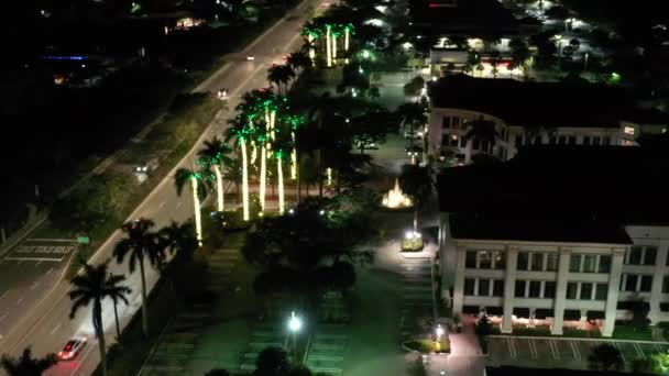 Uma Vista Aérea Shopping Com Uma Fonte Água Iluminada Árvores — Vídeo de Stock