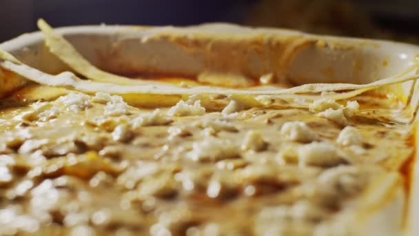 黄身の生地のストリップをラザニアの上に置きます シェフ料理典型的なイタリアのレシピ — ストック動画