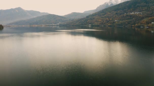 Drone Spinge Oltre Lago Caldonazzo Uno Stormo Uccelli Volanti — Video Stock