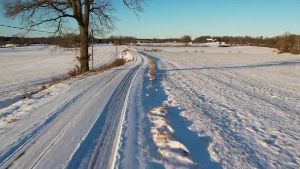 Drone Volando Largo Camino Invierno Suecia — Vídeo de stock