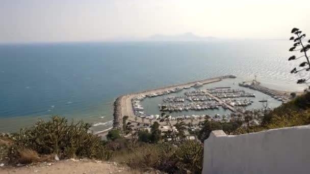 チュニジアのチュニスのLookout Pointから見たところによると Sidi Bouのマリーナポートを持つ地中海沿岸 パンニング左 — ストック動画