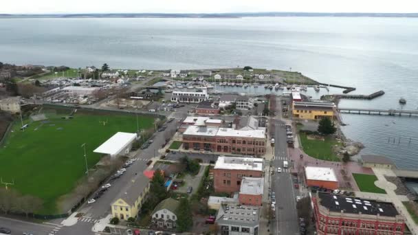 Cinematic Air Drone Pan Shot Port Townsend Uptown Waterfront Point — стокове відео