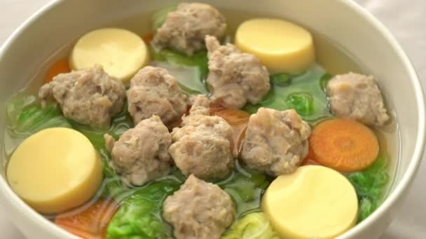 Sopa Col Casera Con Tofu Tazón Cerdo Picado — Vídeos de Stock