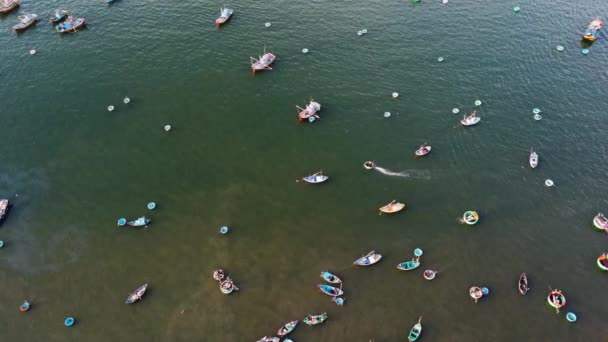 Vista Aérea Dois Barcos Coracle Que Deslocam Baía Mui Vietnã — Vídeo de Stock