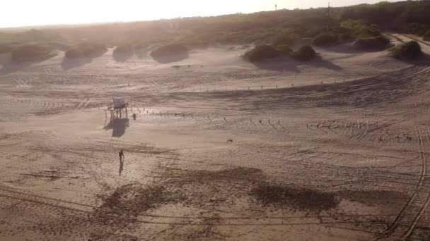 Vzdušná Orbita Záběru Pár Procházky Písečné Pláži Během Západu Slunce — Stock video