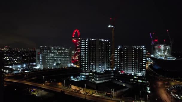 Estadio Londres Órbita Arcelormittal Downtown City Por Noche Aérea — Vídeos de Stock