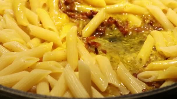 Making Iconic Italian Dish Called Pasta Carbonara Close Shot — Stock Video