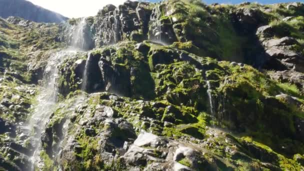 Döntse Vízesés Lépcsőzetes Sziklás Hegy Mohával Napsütéses Napon Fiordland Nemzeti — Stock videók