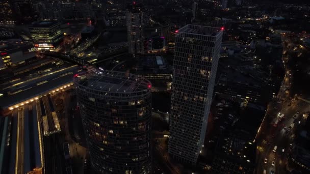 Edificios Rascacielos Gran Altura Noche Centro Ciudad Londres Aérea — Vídeos de Stock